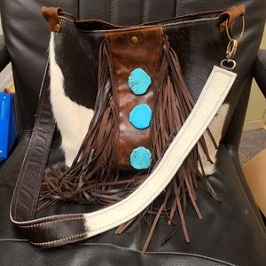 NWOT Western Boho genuine leather bag with hair on hide, turquoise, and fringe